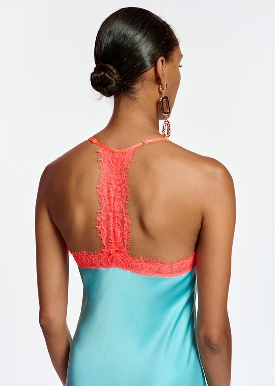 Blue slip dress with neon orange lace trimmings