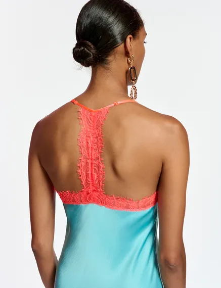 Blue slip dress with neon orange lace trimmings