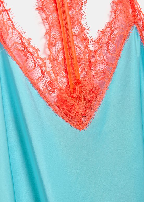 Blue slip dress with neon orange lace trimmings