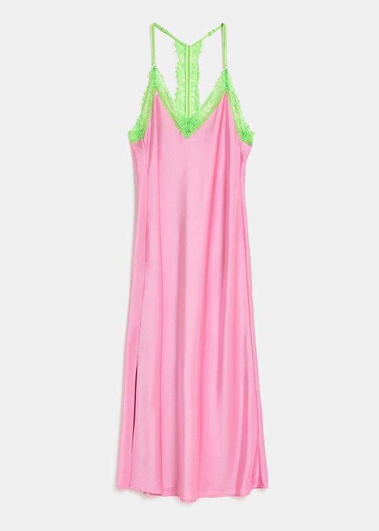 Light pink slip dress with neon green lace trimmings