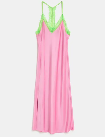 Light pink slip dress with neon green lace trimmings