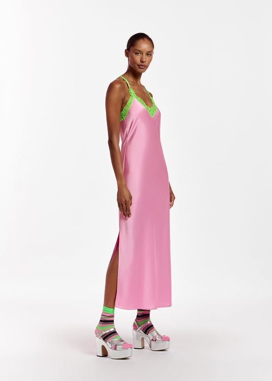 Light pink slip dress with neon green lace trimmings