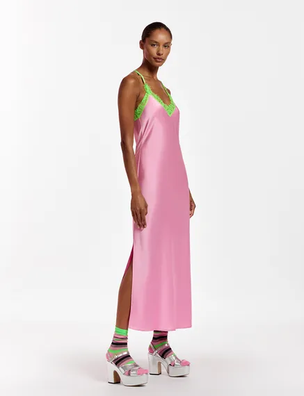 Light pink slip dress with neon green lace trimmings