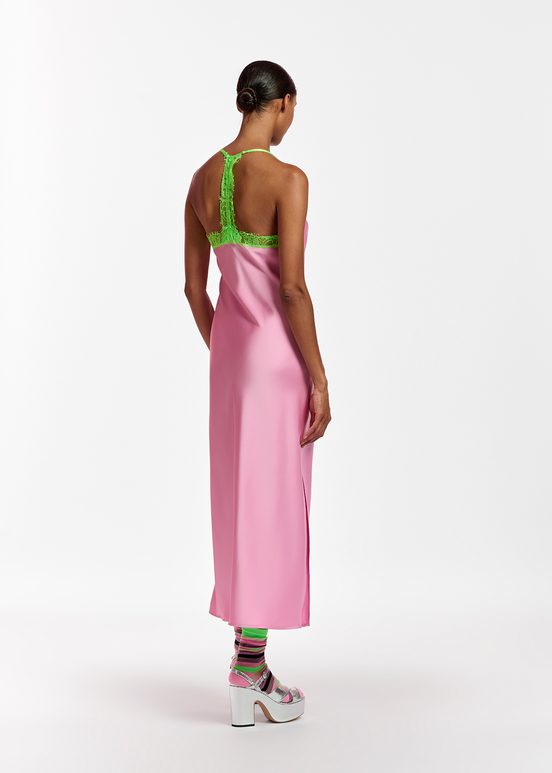 Light pink slip dress with neon green lace trimmings