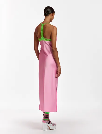 Light pink slip dress with neon green lace trimmings