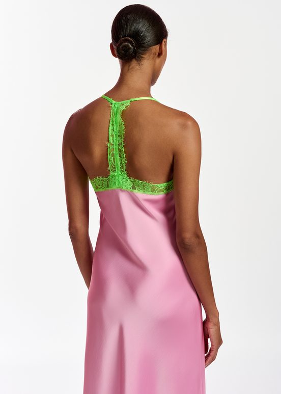 Light pink slip dress with neon green lace trimmings