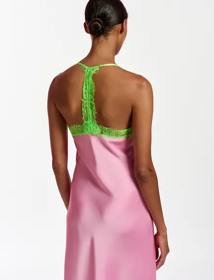 Light pink slip dress with neon green lace trimmings