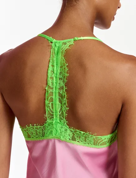 Light pink slip dress with neon green lace trimmings