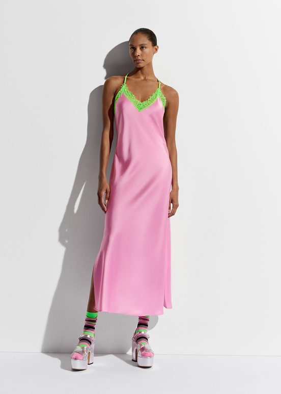 Light pink slip dress with neon green lace trimmings