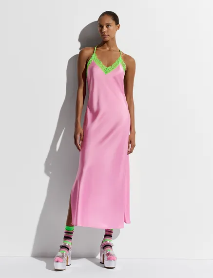 Light pink slip dress with neon green lace trimmings