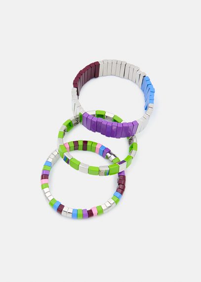 Silver, green and purple set of three bracelets