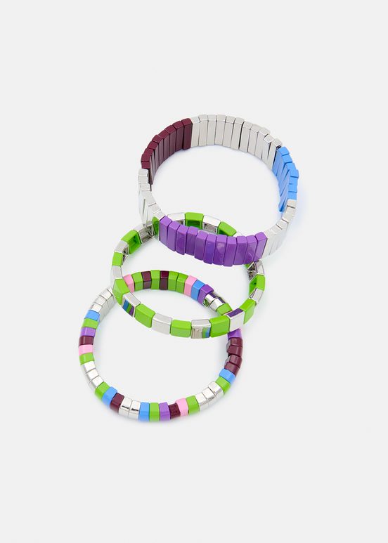 Ensemble de trois bracelets argent, vert et violet