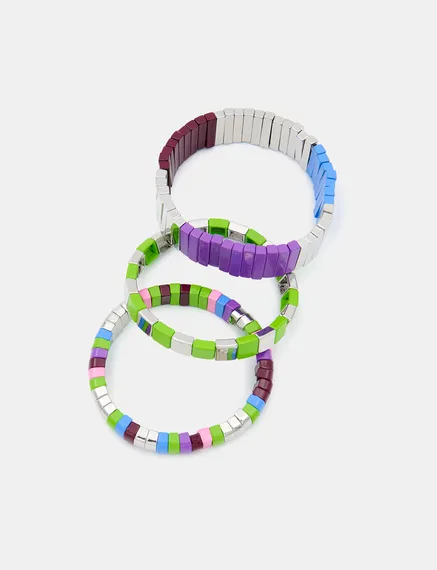 Silver, green and purple set of three bracelets