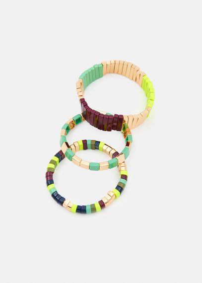 Gold, turquoise and neon yellow set of three bracelets