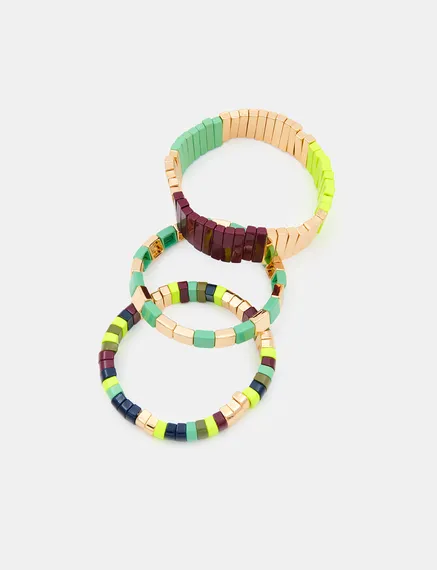 Set met drie gouden, turquoise en fluogele armbanden