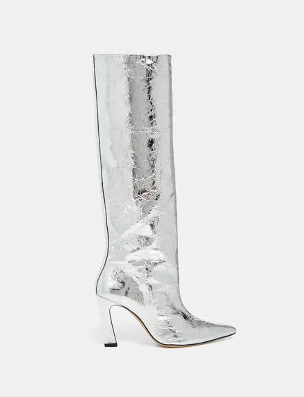 Silver metallic leather knee boots