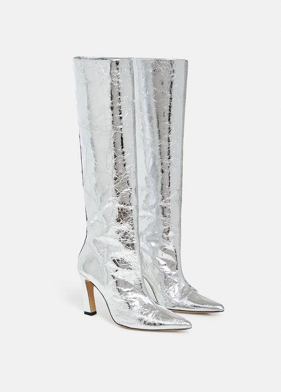 Silver metallic leather knee boots