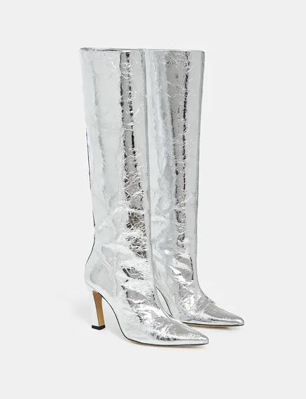 Silver metallic leather knee boots