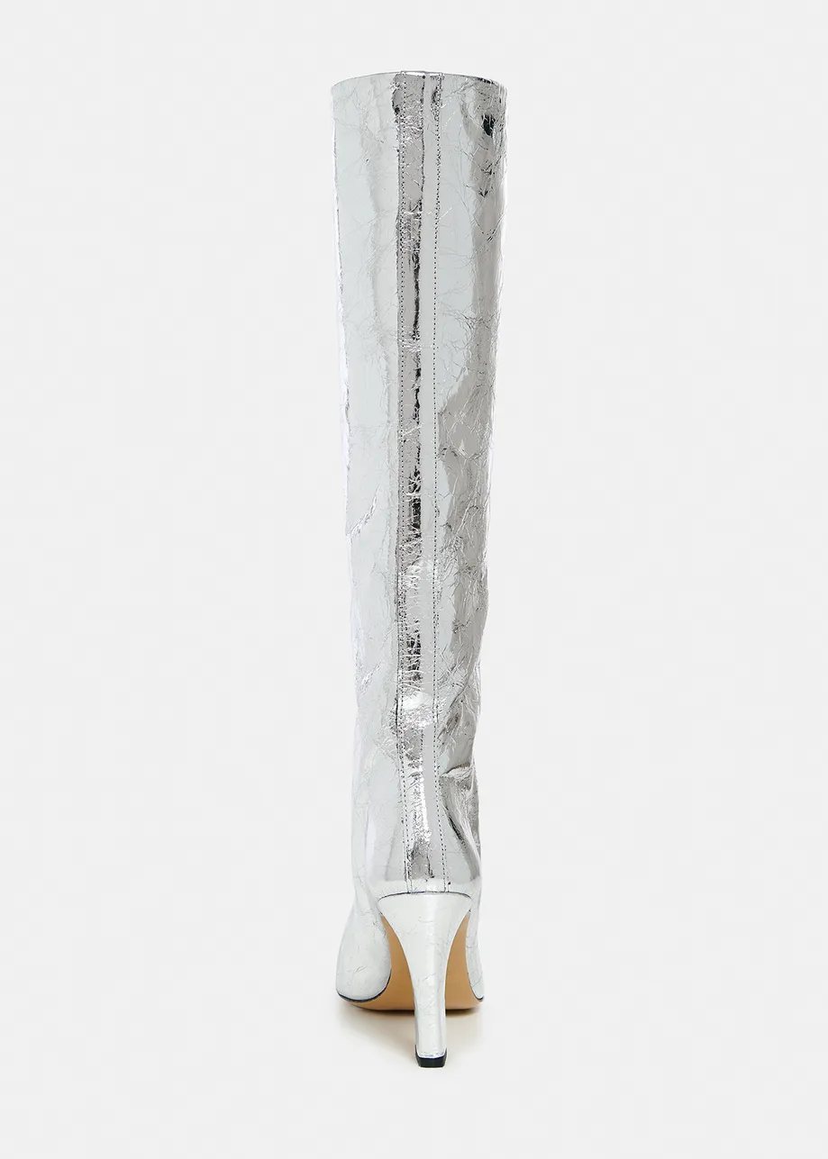 Knielaarzen in metallic zilveren leer