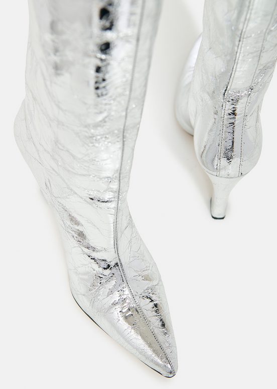 Silver metallic leather knee boots