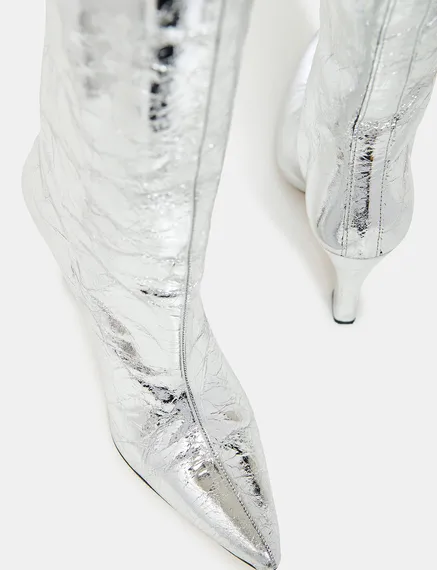 Silver metallic leather knee boots