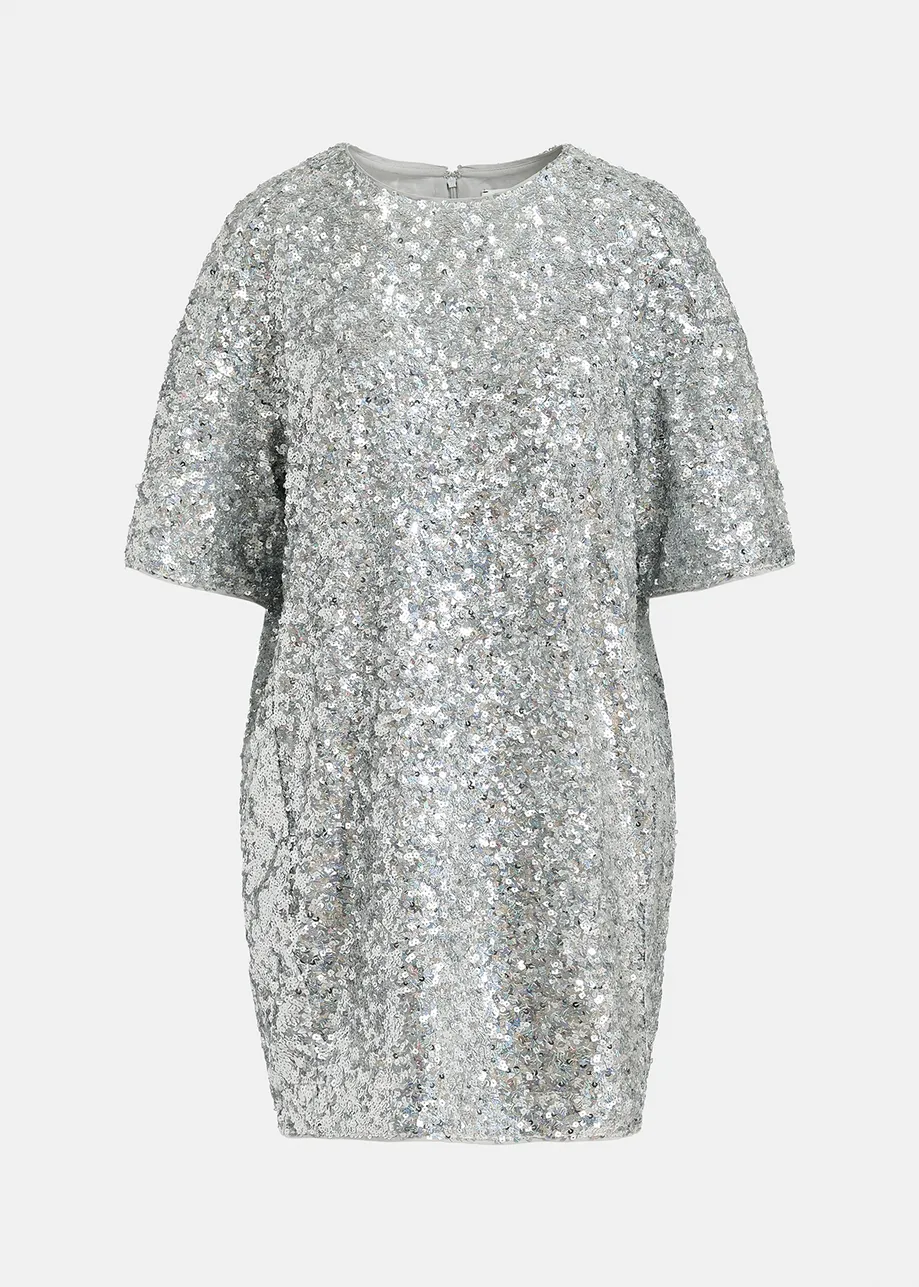 Silberfarbenes, mit Pailletten verziertes Minikleid