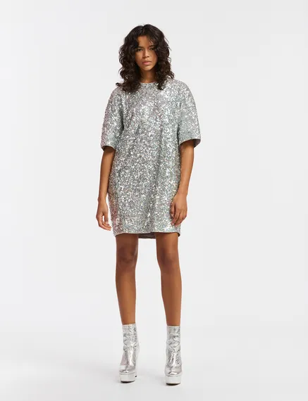 Silver sequin-embellished mini dress