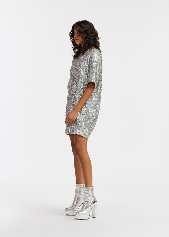 Silver sequin-embellished mini dress