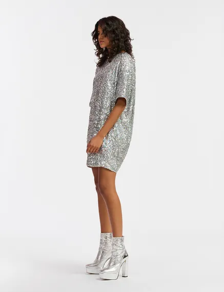 Silver sequin-embellished mini dress