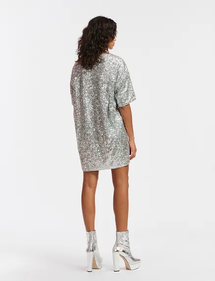 Silver sequin-embellished mini dress