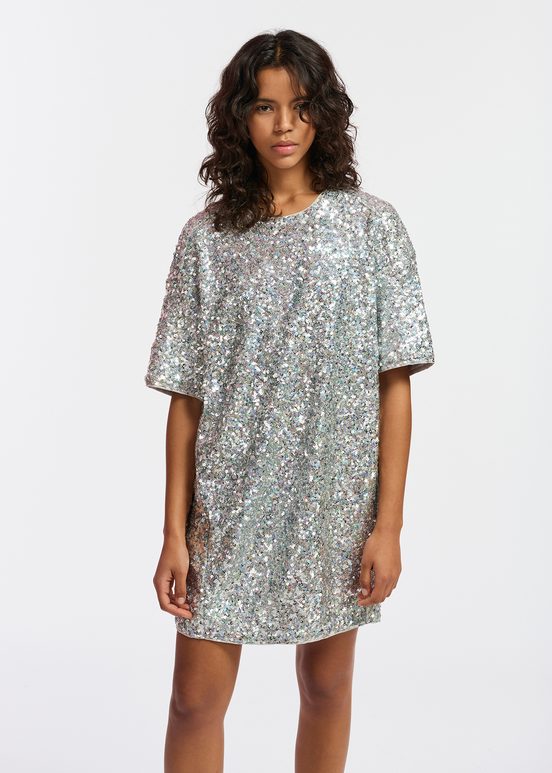 Silver sequin-embellished mini dress