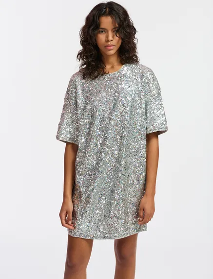 Silver sequin-embellished mini dress