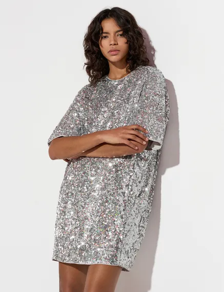 Silver sequin-embellished mini dress