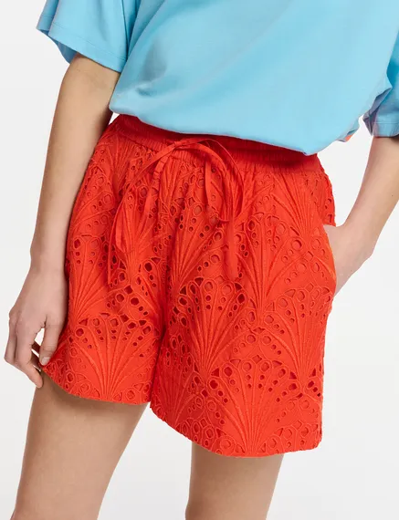 Red broderie anglaise cotton shorts