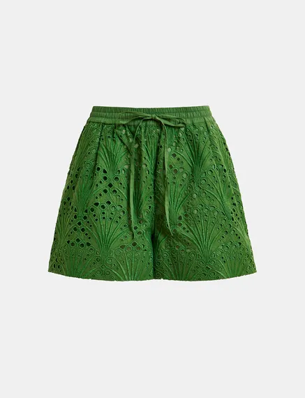 Dunkelgrüne Baumwollshorts mit Lochstickerei