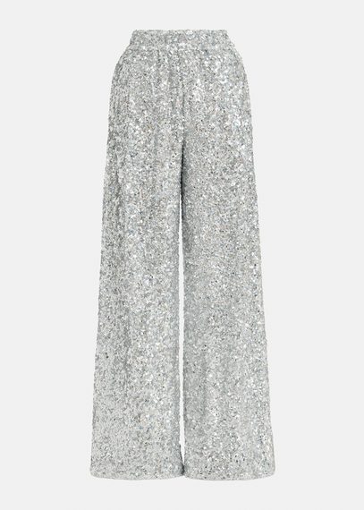 Silver sequin-embellished wide-leg pants