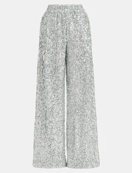 Silver sequin-embellished wide-leg pants