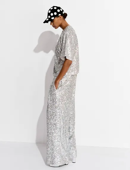 Silver sequin-embellished wide-leg pants