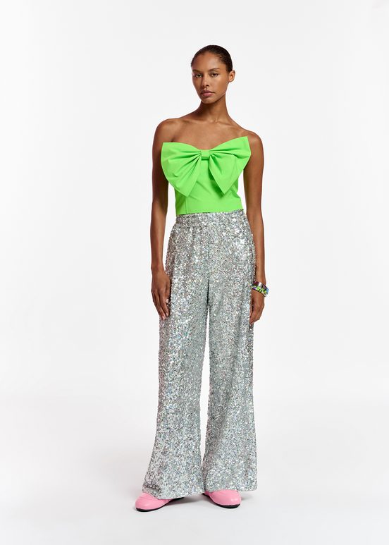 Silver sequin-embellished wide-leg pants