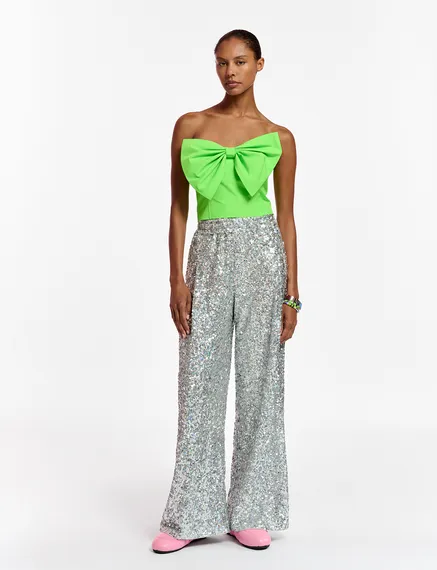 Silver sequin-embellished wide-leg pants