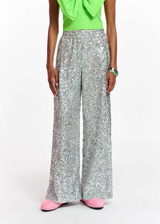 Silver sequin-embellished wide-leg pants