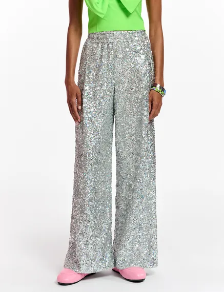 Silver sequin-embellished wide-leg pants