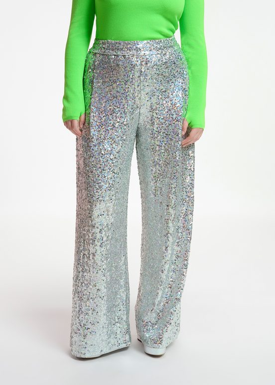 Silver sequin-embellished wide-leg pants