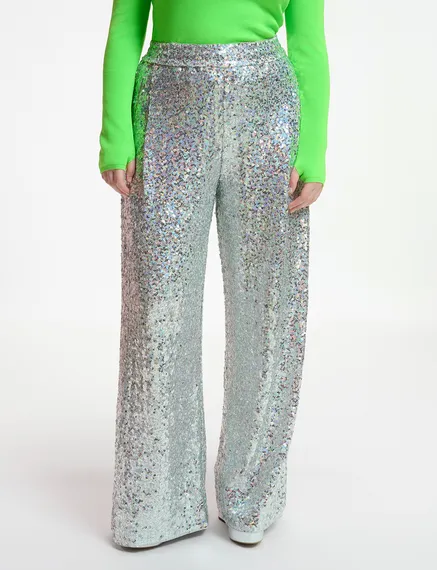 Silver sequin-embellished wide-leg pants