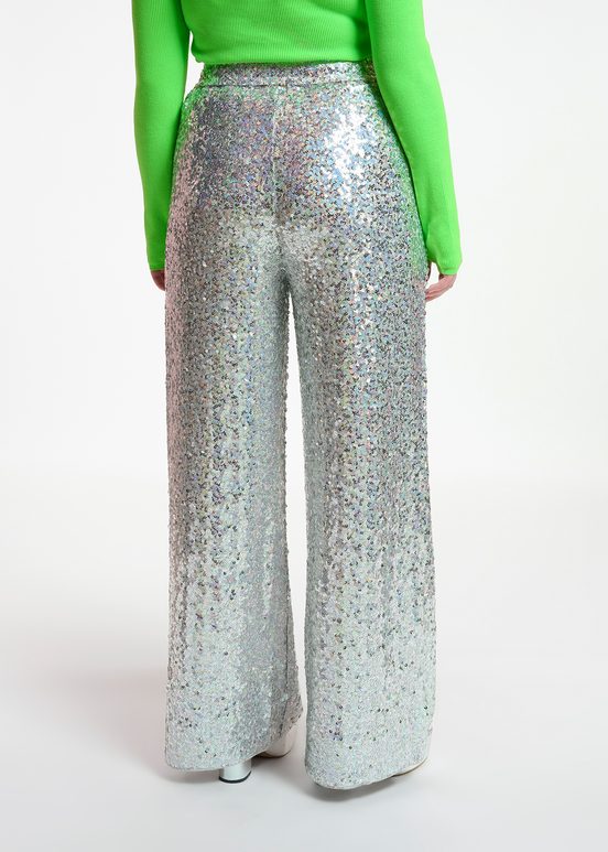 Silver sequin-embellished wide-leg pants