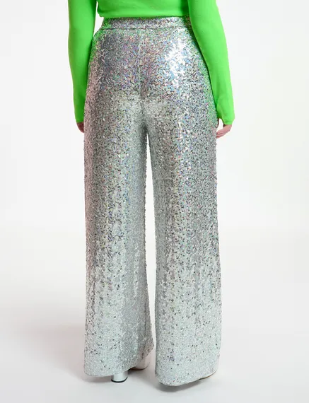 Silver sequin-embellished wide-leg pants