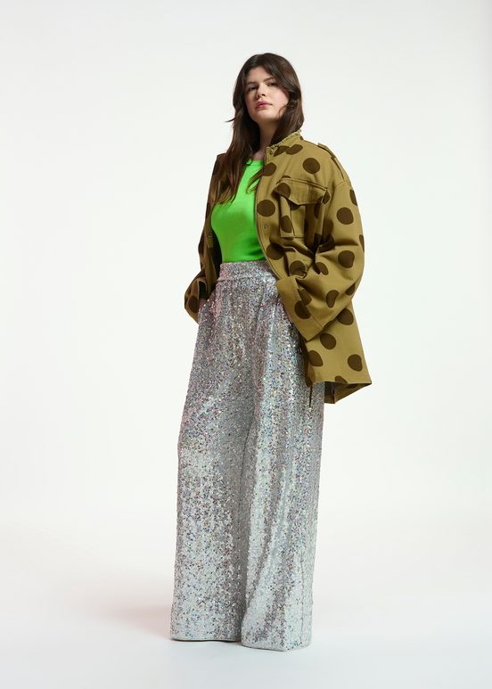 Silver sequin-embellished wide-leg pants