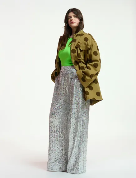 Silver sequin-embellished wide-leg pants