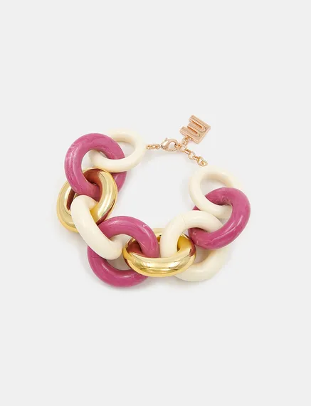 Bracelet à gros maillons rose, doré et écru