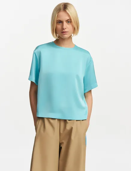 Blauwe oversized top van satijn